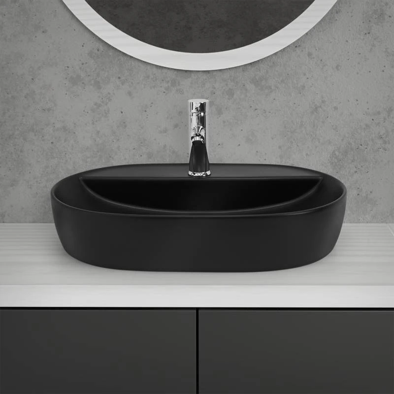 Lavabo Ovale 60x40x12cm Noir Céramique 2 Lavabo Ovale 60x40x12cm Noir Céramique – Image 2